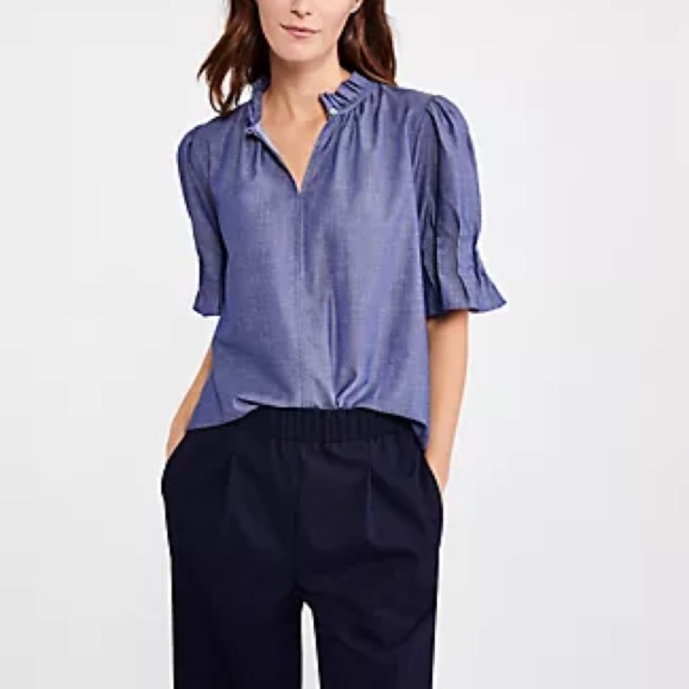 NWT Ann Taylor Chambray Ruffle Top